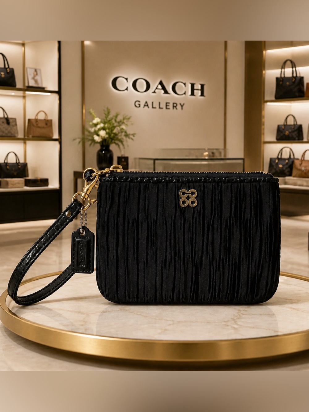 Coach Black Satin   Pleated Wristlet with Gold Accents